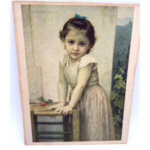 Vintage 1896 W. Bouguereau Print Of Girl Leaning On Chair 10"x14"
